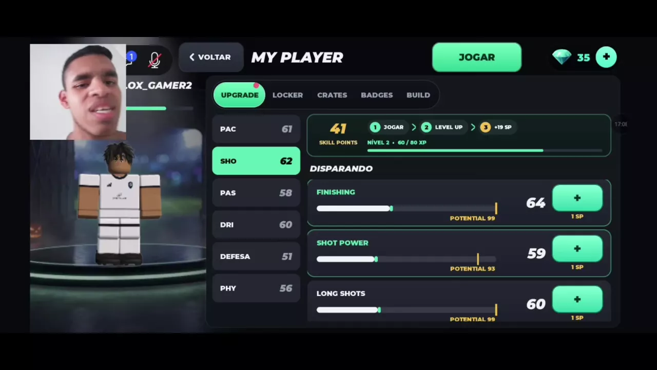 My Player upgrade panel showing shooting attributes, potential caps and SP costs