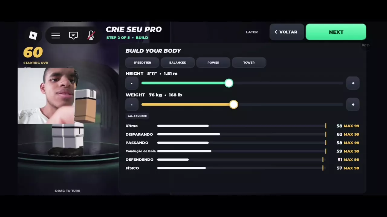 My Player body build screen with presets, height and weight controls, and attributes