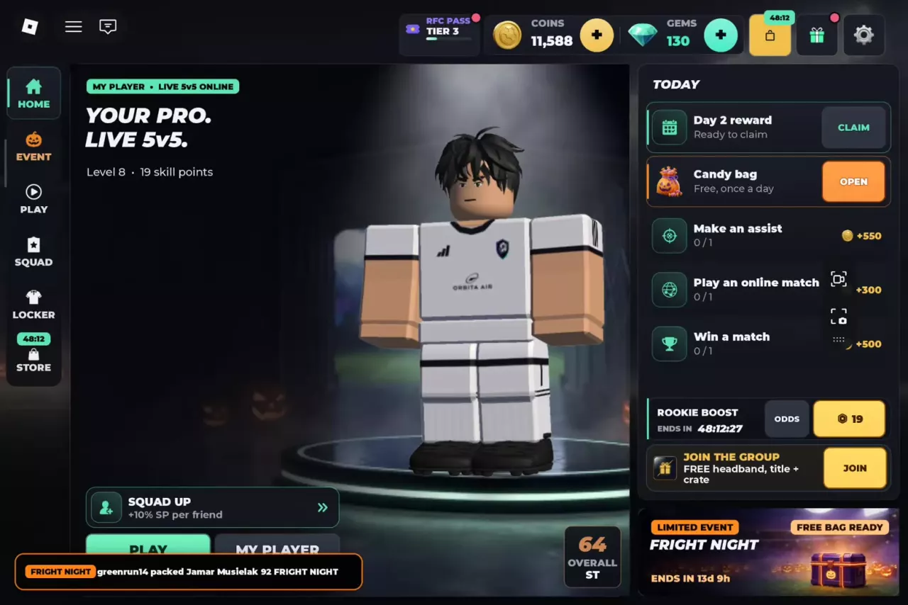 HOME screen showing the TODAY reward and daily objectives