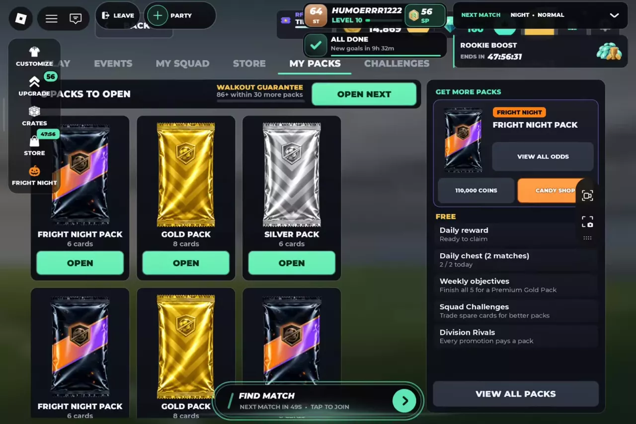 MY PACKS screen with Open buttons, reward routes and the Walkout Guarantee counter