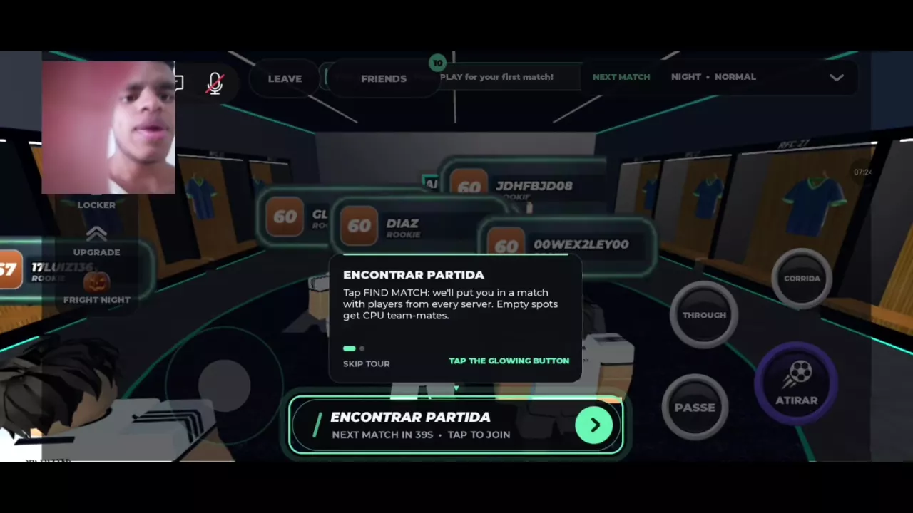 My Player lobby highlighting ENCONTRAR PARTIDA and explaining cross-server matchmaking with CPU teammates.