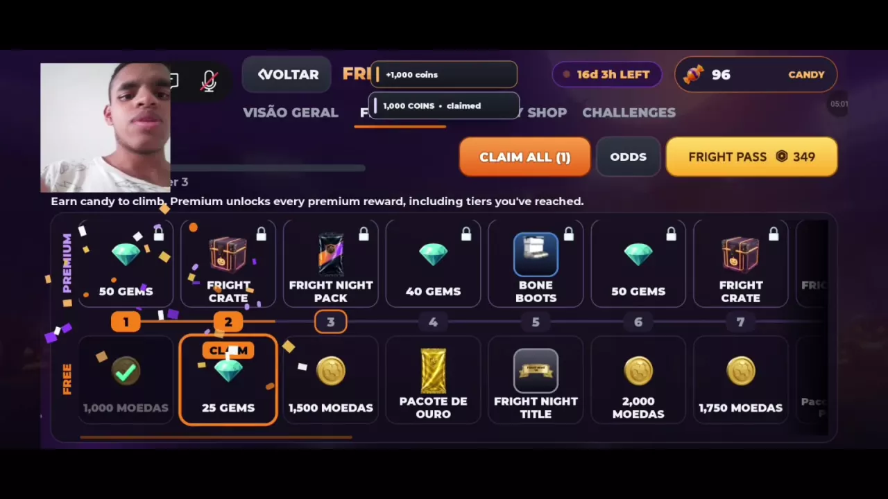 RFC 27 Fright Pass with free and premium reward tracks, level markers, and the CLAIM ALL button.
