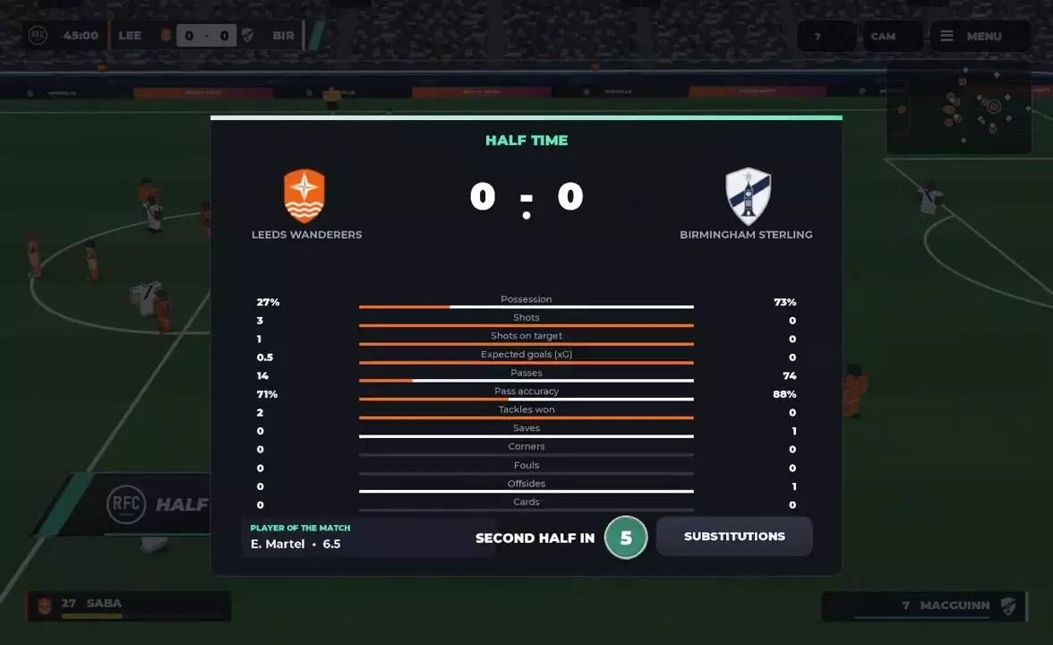 Halftime statistics screen with the substitutions button and second-half countdown